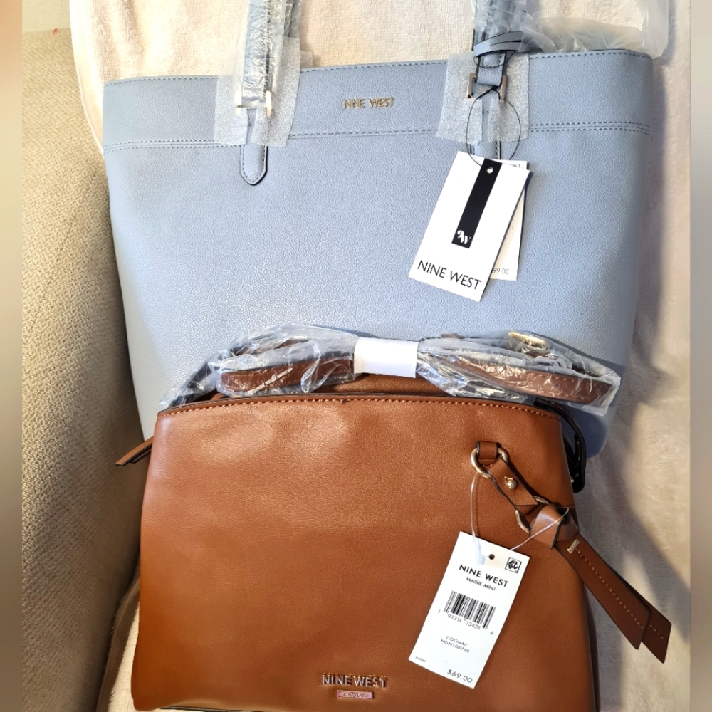 Nine West Light Blue and Tan Tote and Crossbody Set Bundle